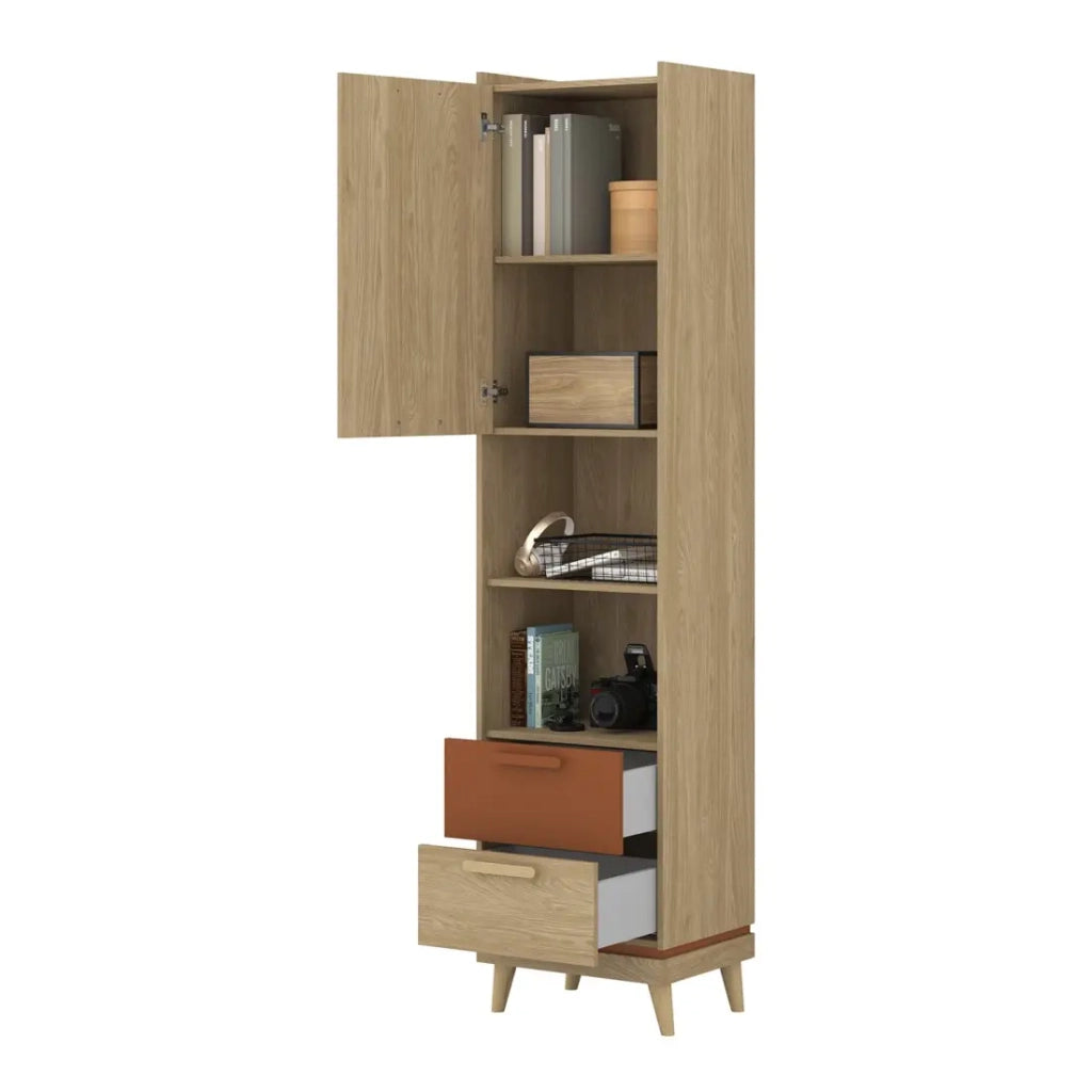 Biblioteca NOKI – Rovere chiaro e moka – 1 porta + 2 cassetti stile scandinavo