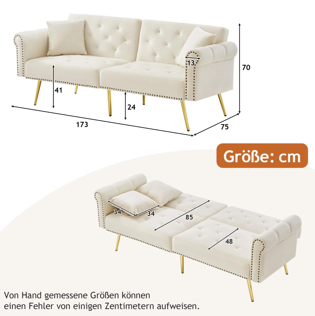 Divano letto 2 posti in velluto beige con schienali reclinabili