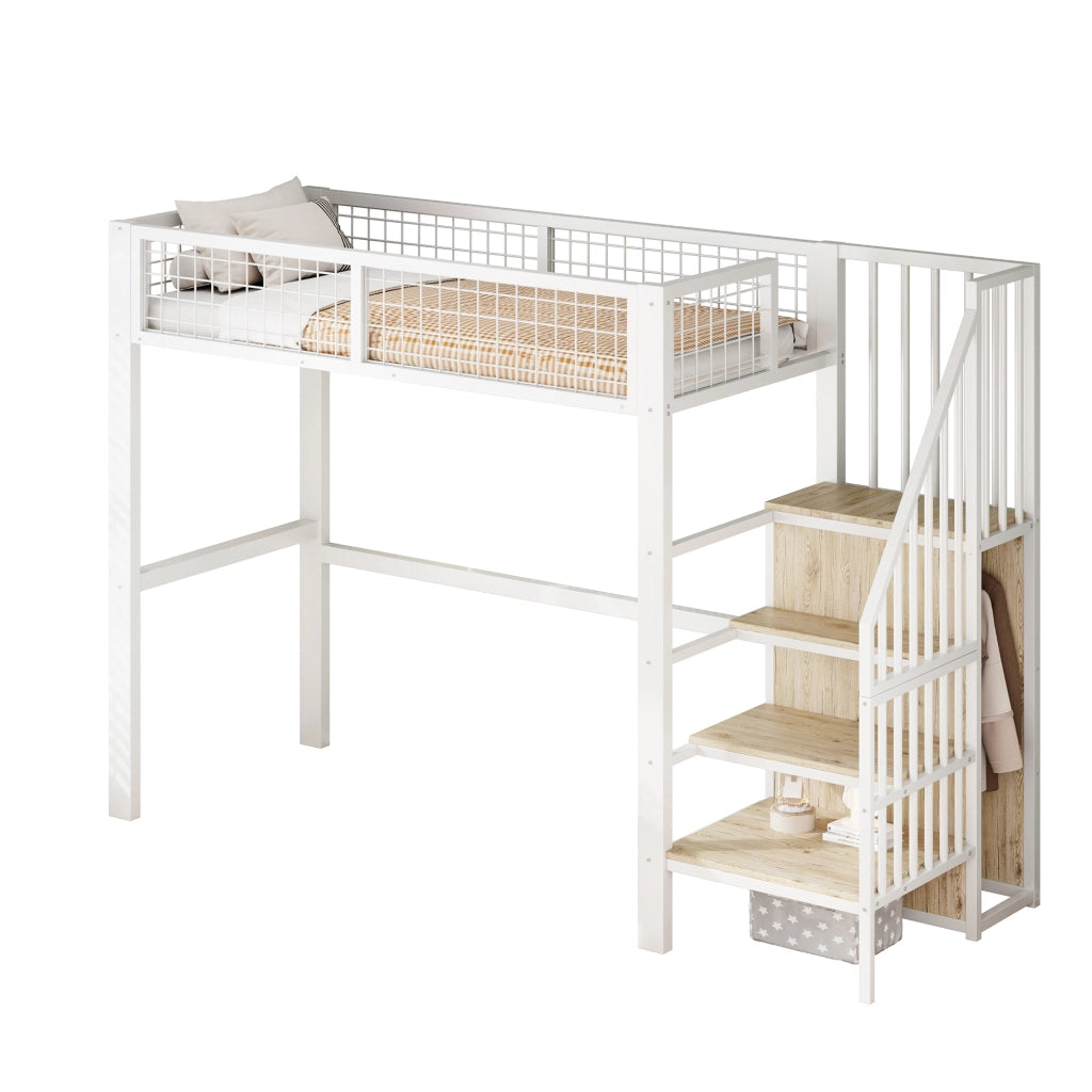Letto a castello bianco con scala e armadio in metallo 90x200 cm