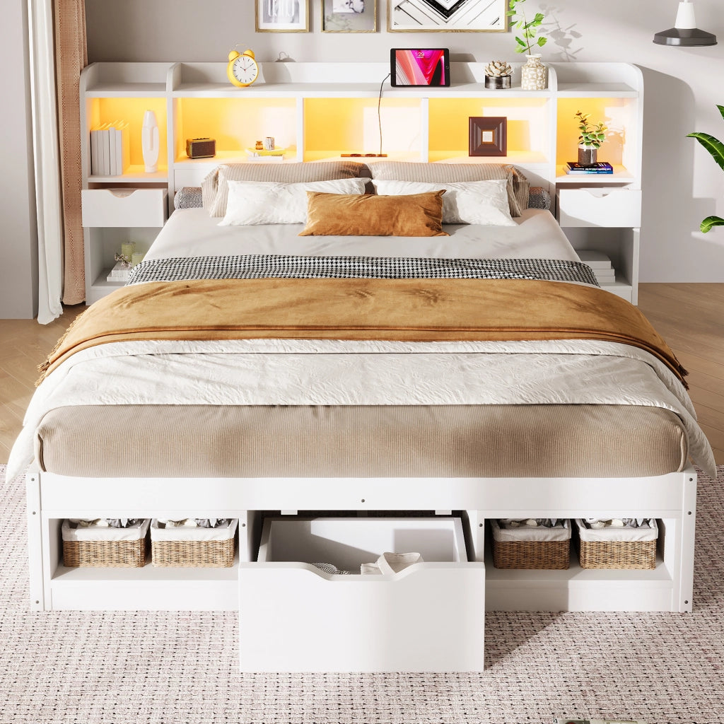 Struttura letto 140x200 con contenitore; LED a sette colori e USB; bianca