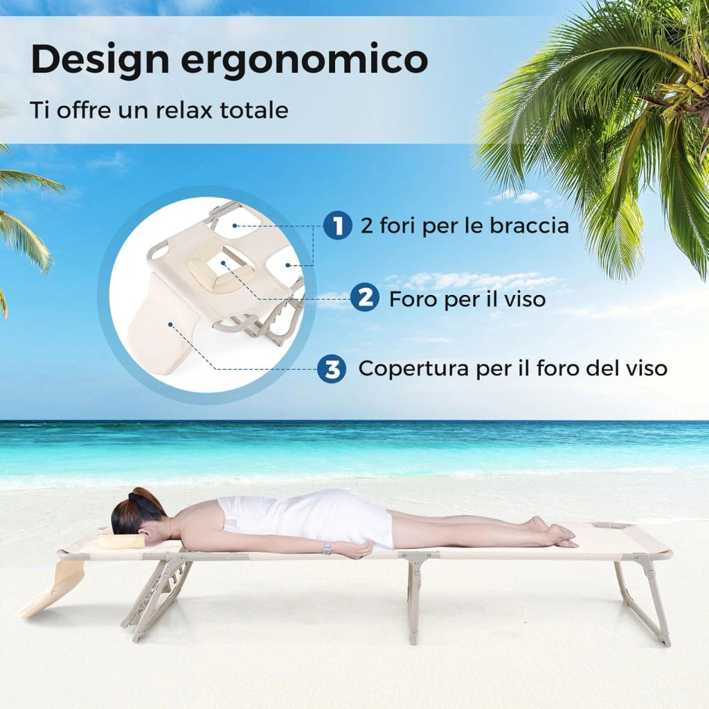 Lettino Prendisole con Fori per Viso e Braccia, Sdraio da Spiaggia Pieghevole con Schienale e Poggiapiedi Regolabili, Chaise Lounge per Esterni per Campeggio, Portata 200 kg, Beige