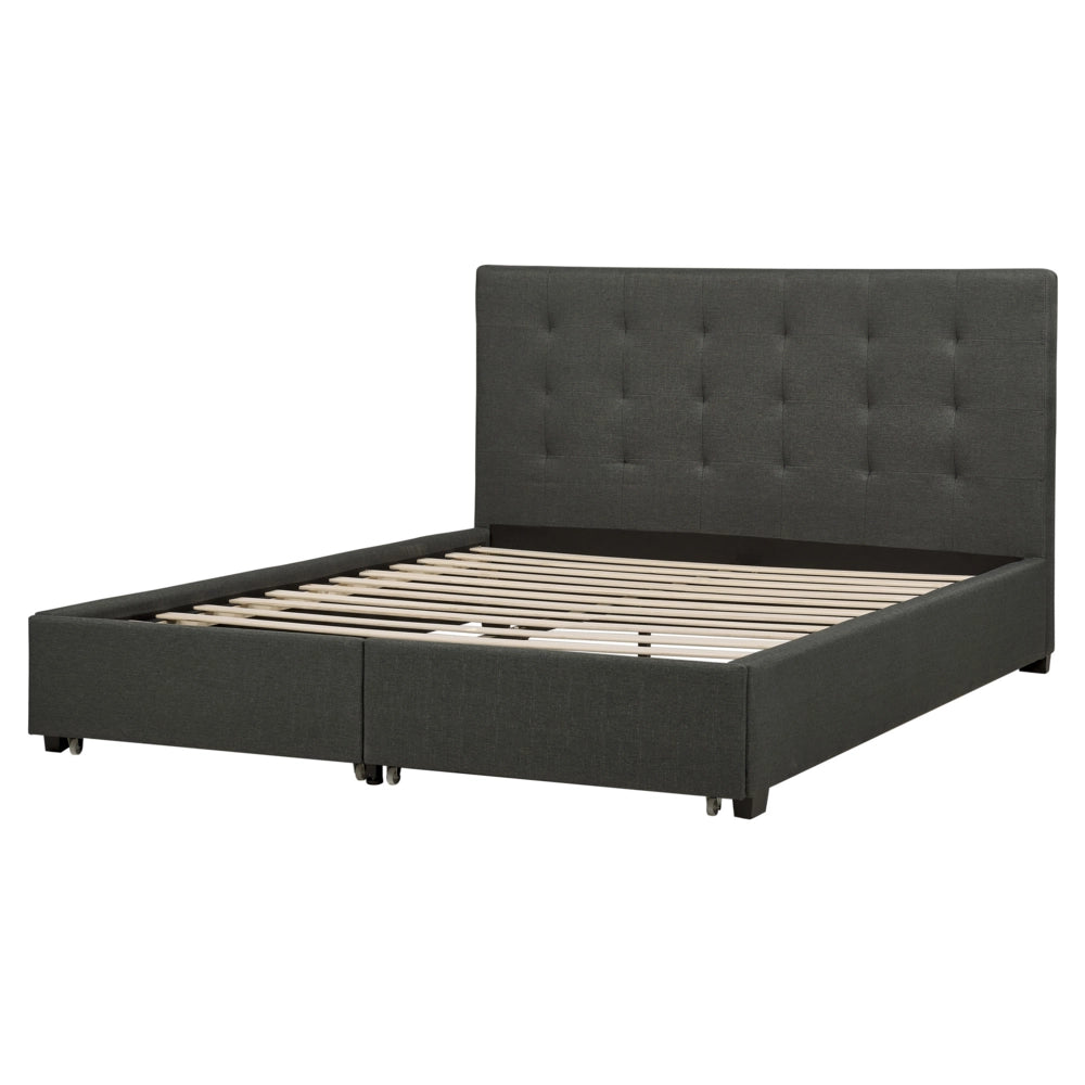 Letto contenitore matrimoniale imbottito grigio scuro con rete a doghe e cassetti 160 x 200 cm