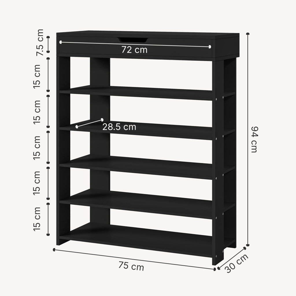 Scarpiera Boppeelo Scaffale a 5 Ripiani e Cassetto 94 x 75 x 30 cm - Nero [en.casa]