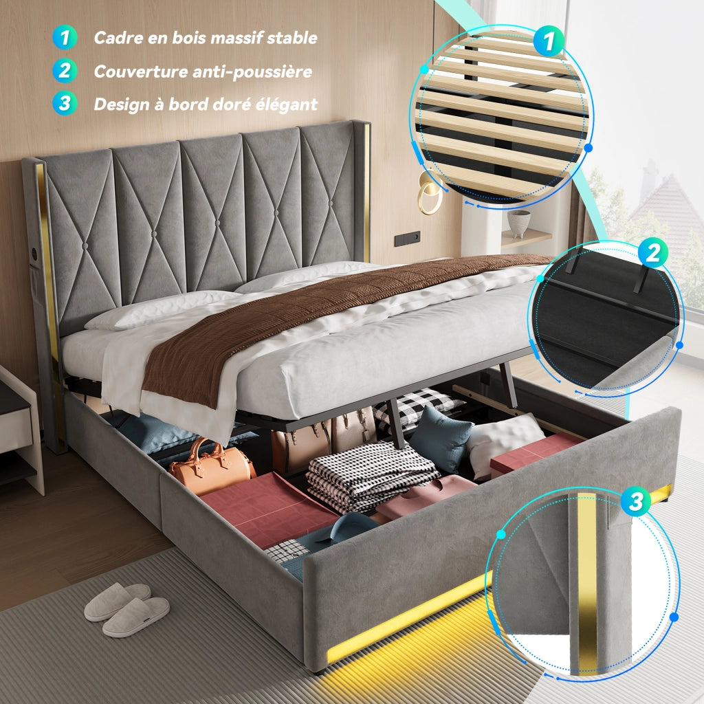 Letto contenitore 180 × 200 cm con testiera alta, USB e Type-C, LED regolabile, senza materasso, in velluto, grigio
