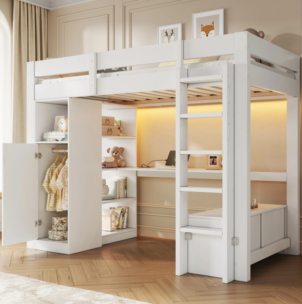 Letto a soppalco bianco 90 x 200 cm con armadio, scrivania e LED