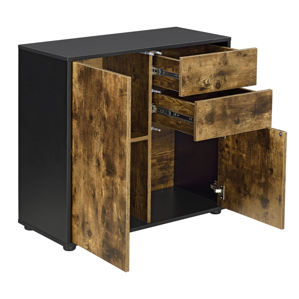 Comò con 2 ante e 2 Cassetti con Apertura Push-to-Open 74 x 79 x 36 cm Mobiletto Multiuso per Camera / Ufficio - Nero/Effetto Rovere Scuro