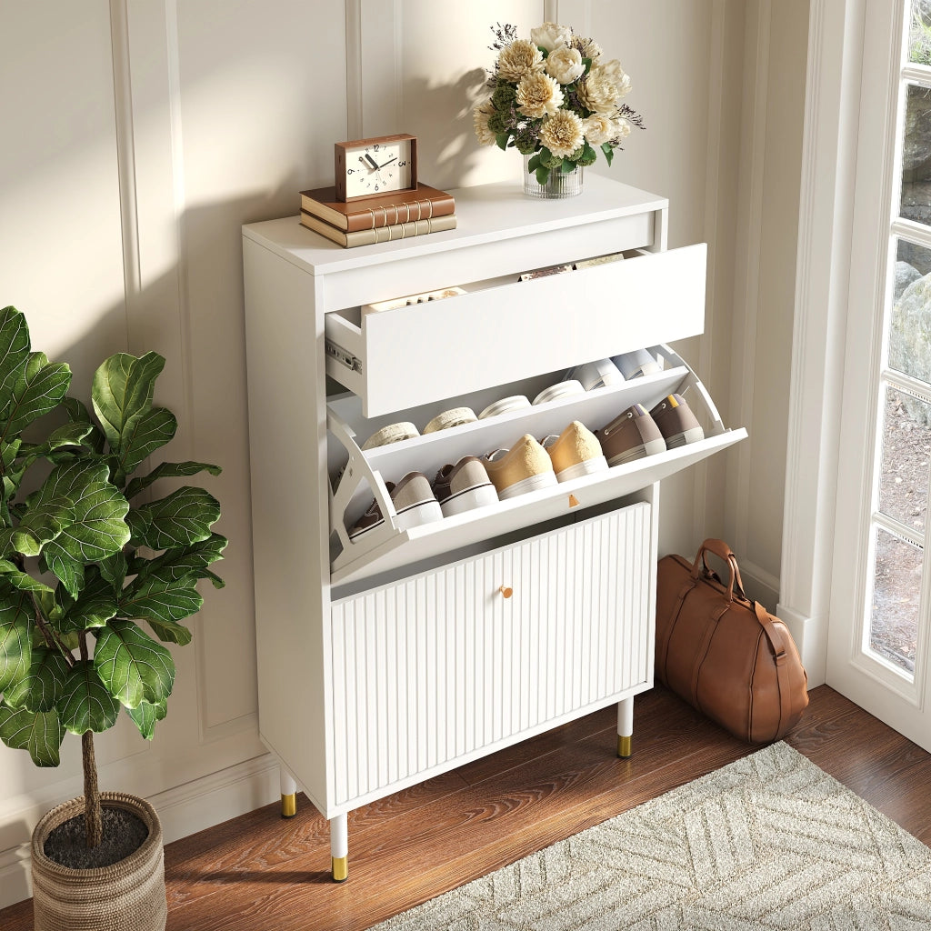 Scarpiera con 1 cassetto e 2 vani a ribalta - in MDF e truciolare - 65×24×104 cm - bianco