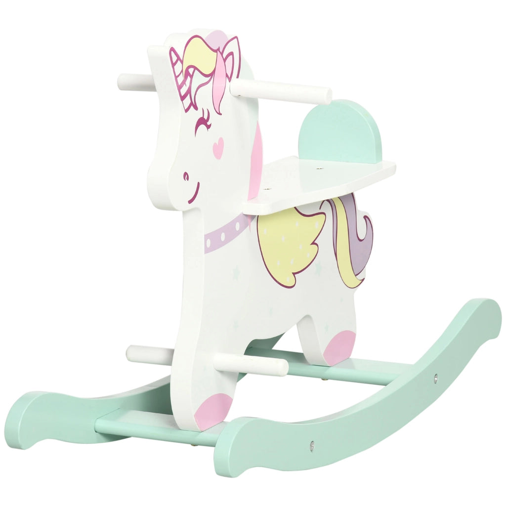 Cavallo a Dondolo per Bambini 1-3 Anni con Maniglie, Schienale e Pedali in MDF, 68L x 27P x 47.5A cm, Multicolore