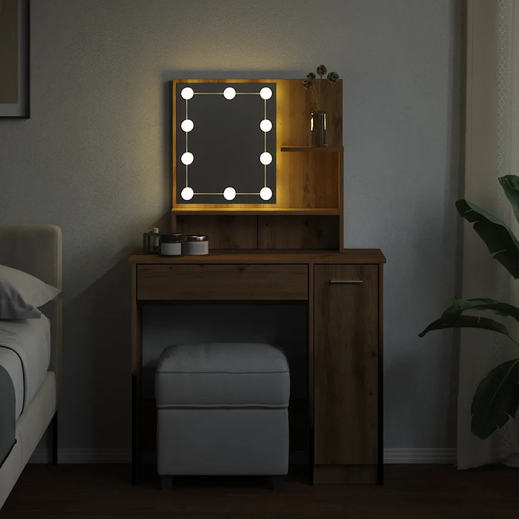 Toeletta | Tavolo da Trucco con LED Rovere Artigianale 86,5x35x136 cm