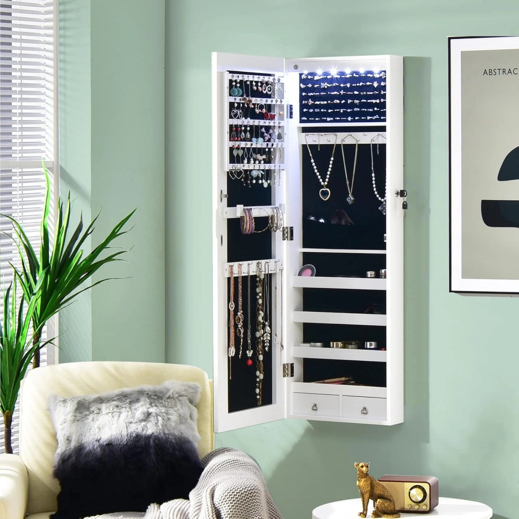 Armadietto Portagioie con Specchio, Armadio per Gioielli con 6 Luci LED e Cassetti, Organizer Gioielli per Camera da Letto e Cabina Armadio, 36 x 10 x 108 cm (Bianco)