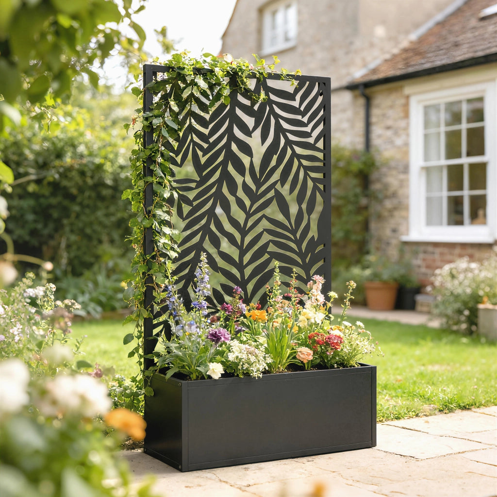 Vaso per piante con graticcio e motivo foglie tropicali ¨C zephmum ¨C Nero 61x23x113 cm