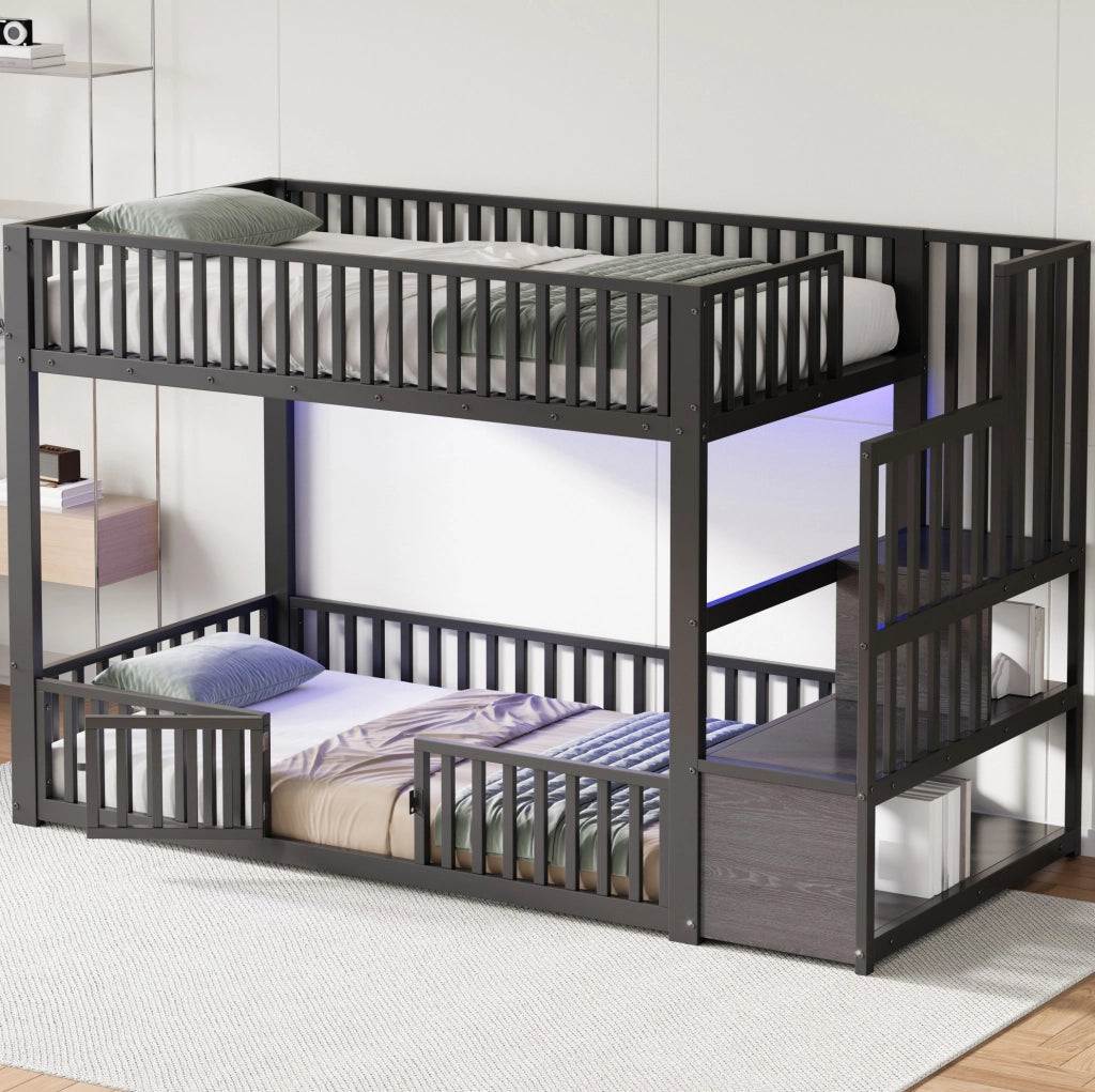 Letto a castello basso 90x200 cm con LED e scala contenitore in MDF e metallo nero