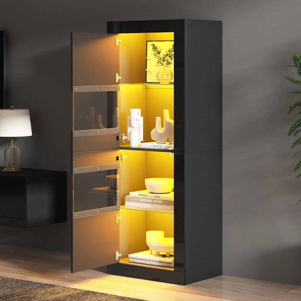Vetrina con LED ¨C MINIMAL ¨C Nero Lucido, Ripiano in Vetro, 61x42x162 cm