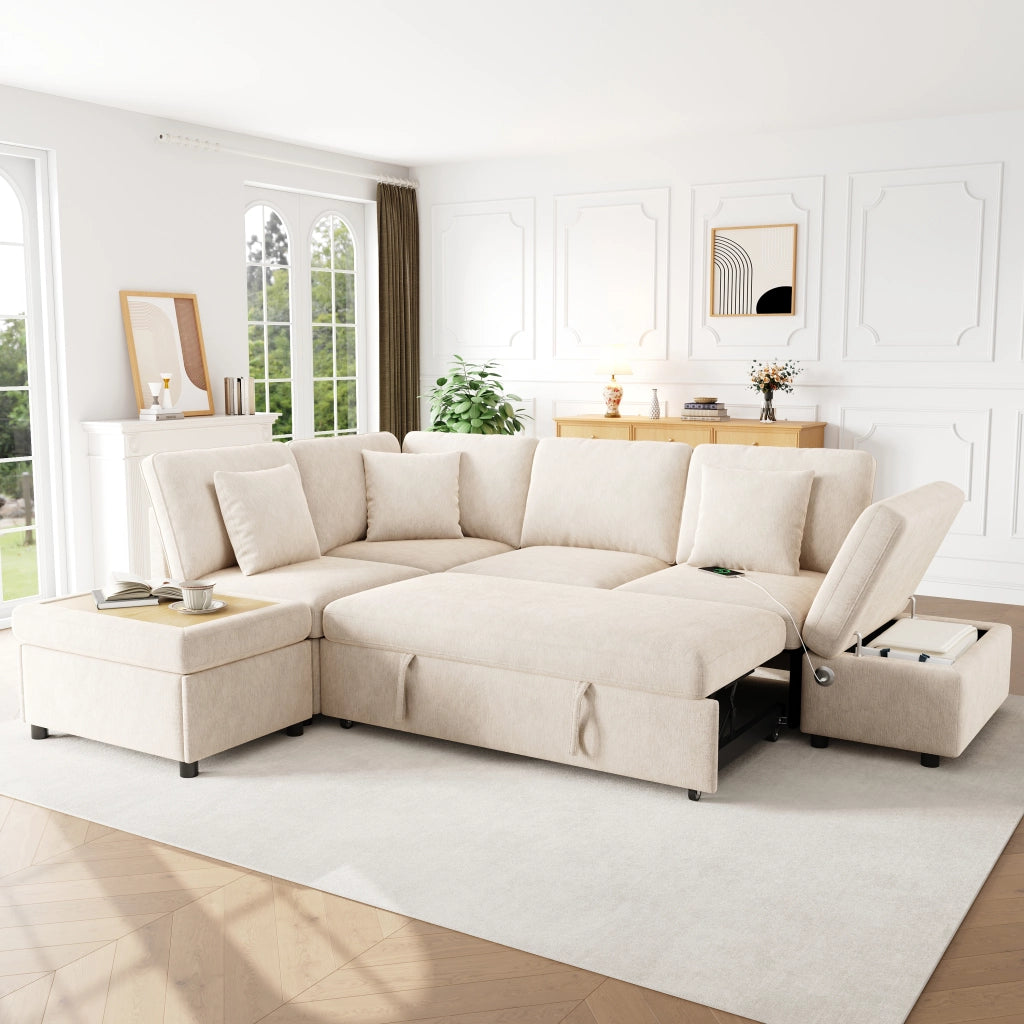 DIVANO ANGOLARE LETTO ESTRAIBILE 247,5x172x87 cm Chenille Beige con 2 pouf e 3 cuscini