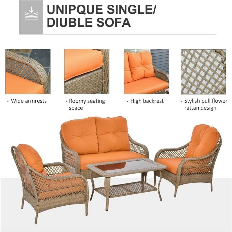 SET IN RATTAN PE CON 2 POLTRONE DIVANO E TAVOLINO E CUSCINI ARANCIONE