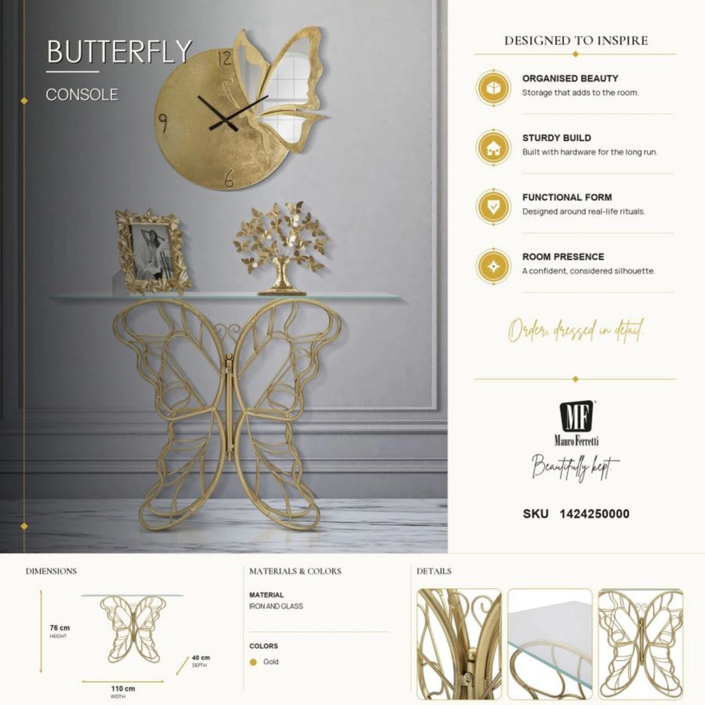 Consolle Butterfly in ferro e vetro gold – 110 x 40 x H 76 cm