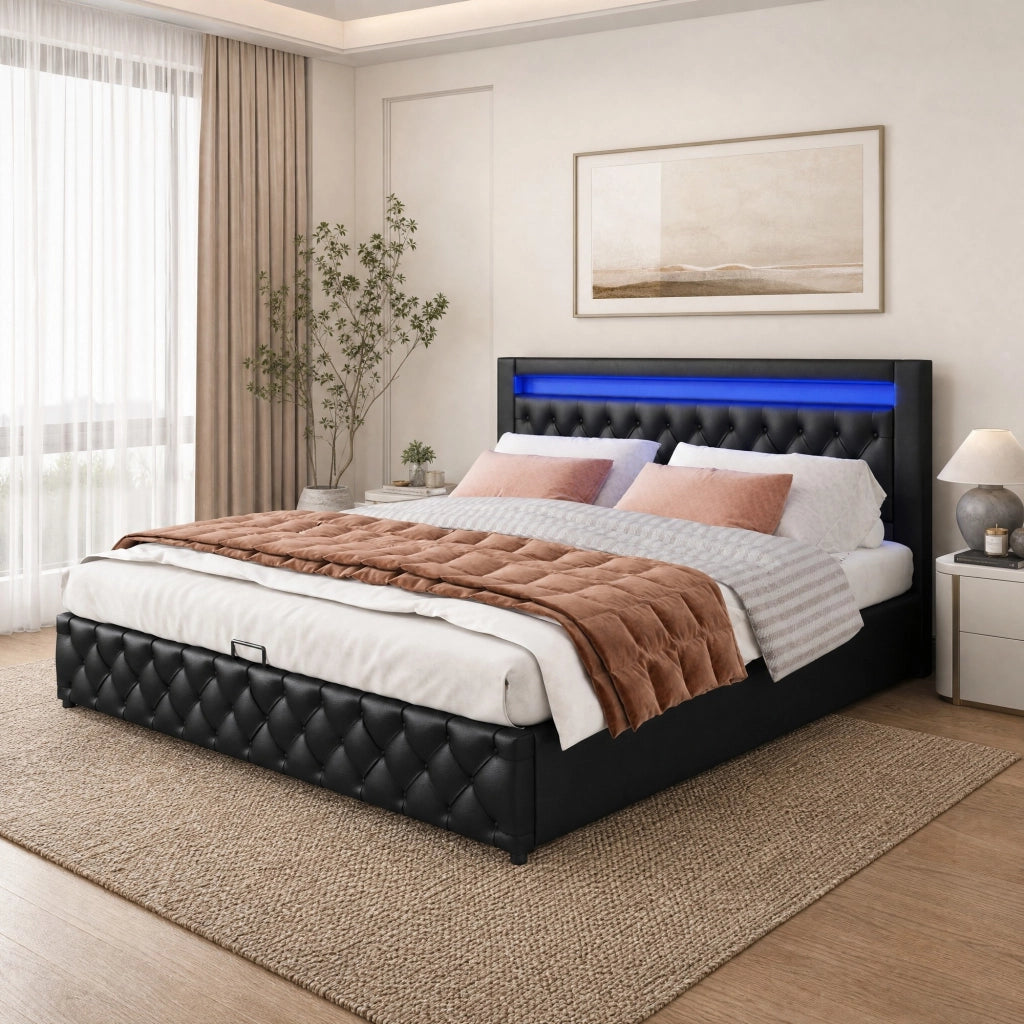 Letto imbottito 140x200 cm con rete a doghe, contenitore, illuminazione LED, colore nero, rivestimento PU