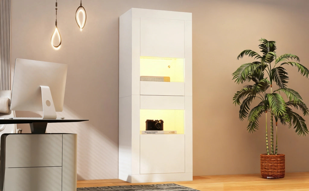 Vetrina con Illuminazione LED ¨C Xylo ¨C Bianco, Ripiani in Vetro, 61x42x162 cm