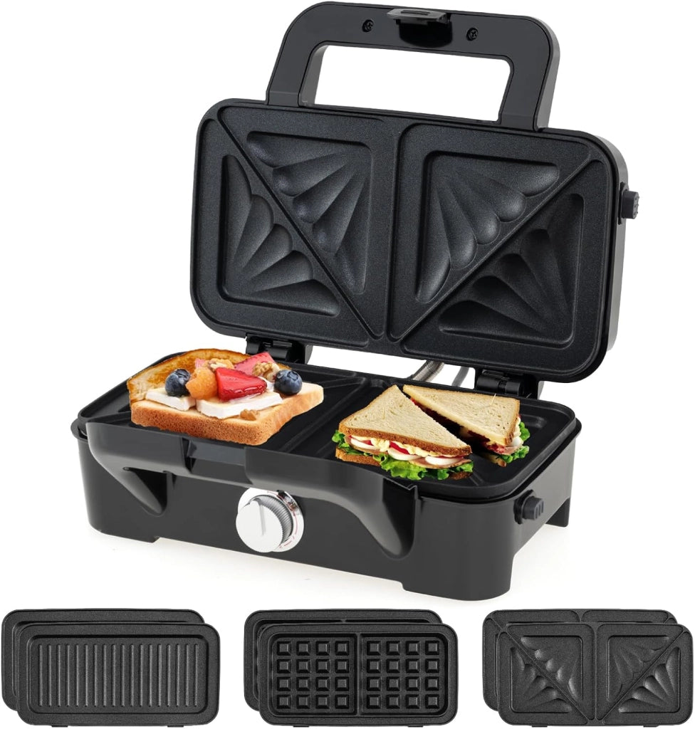 Tostapane 1200W, Piastra per Panini Sandwich Waffle 3 in 1, 5 Temperature Regolabili, Doppia Faccia, Piastra Grill Rimovibile e Lavabile, Protezione contro Surriscaldamento, Nero