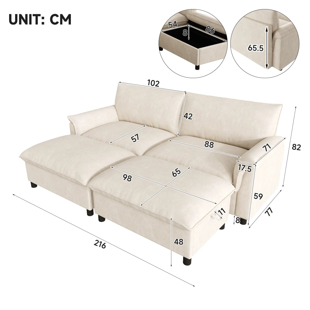 Divano modulare con seduta profonda e 2 poggiapiedi mobili, schienale alto, in chenille beige 216 × 77 × 82 cm