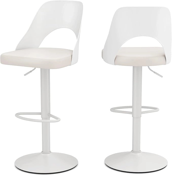 2 Sgabelli Girevoli da Bar Alta 91-111 cm, Set di Sgabelli con Seduta in Ecopelle, Poggiapiedi e Struttura in Metallo, Sedie per Cucina e Bistrò (Bianco)