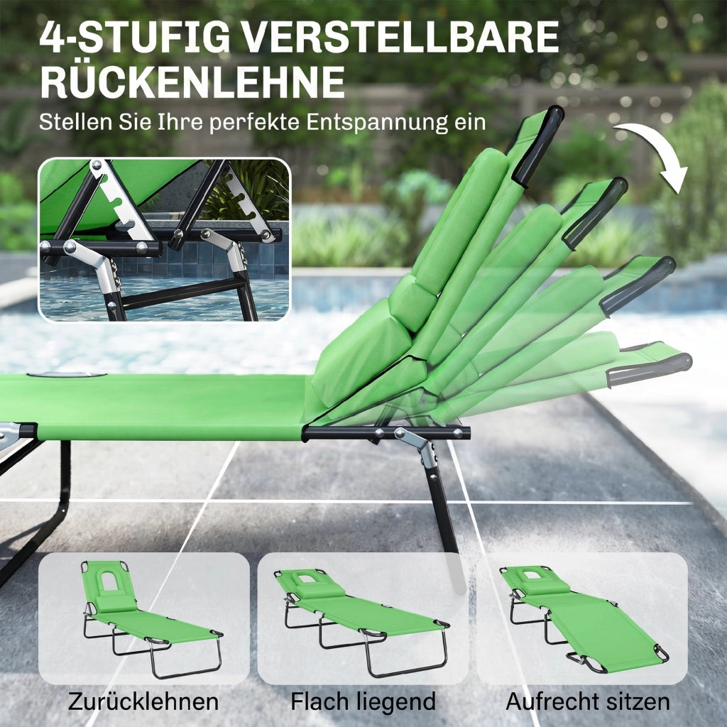 Lettino da giardino pieghevole con cuscino e foro viso, rivestimento impermeabile, telaio in metallo, verde ¨C zephmum