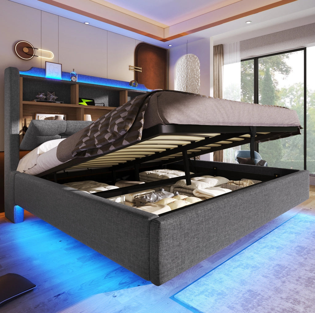 Letto imbottito 140x200 cm grigio con LED, USB e vano contenitore