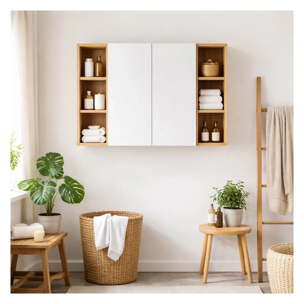 Mobili modulari da parete OSTER 50cm – mobile sospeso bianco opaco con 1 porta e 6 nicchie visibili in rovere chiaro