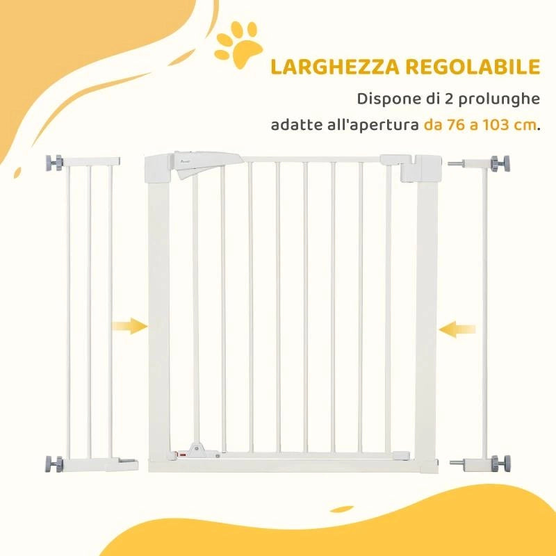 CANCELLETTO PER CANI TAGLIA PICCOLA E MEDIA CON DOPPIA SERRATURA E CHIUSURA AUTOMATICA, 76-103X4.2X77 CM, BIANCO