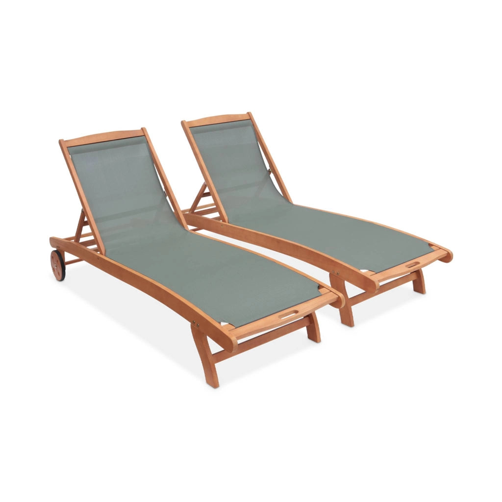 Set 2 lettini prendisole in legno multiposizione con ruote, verde kaki