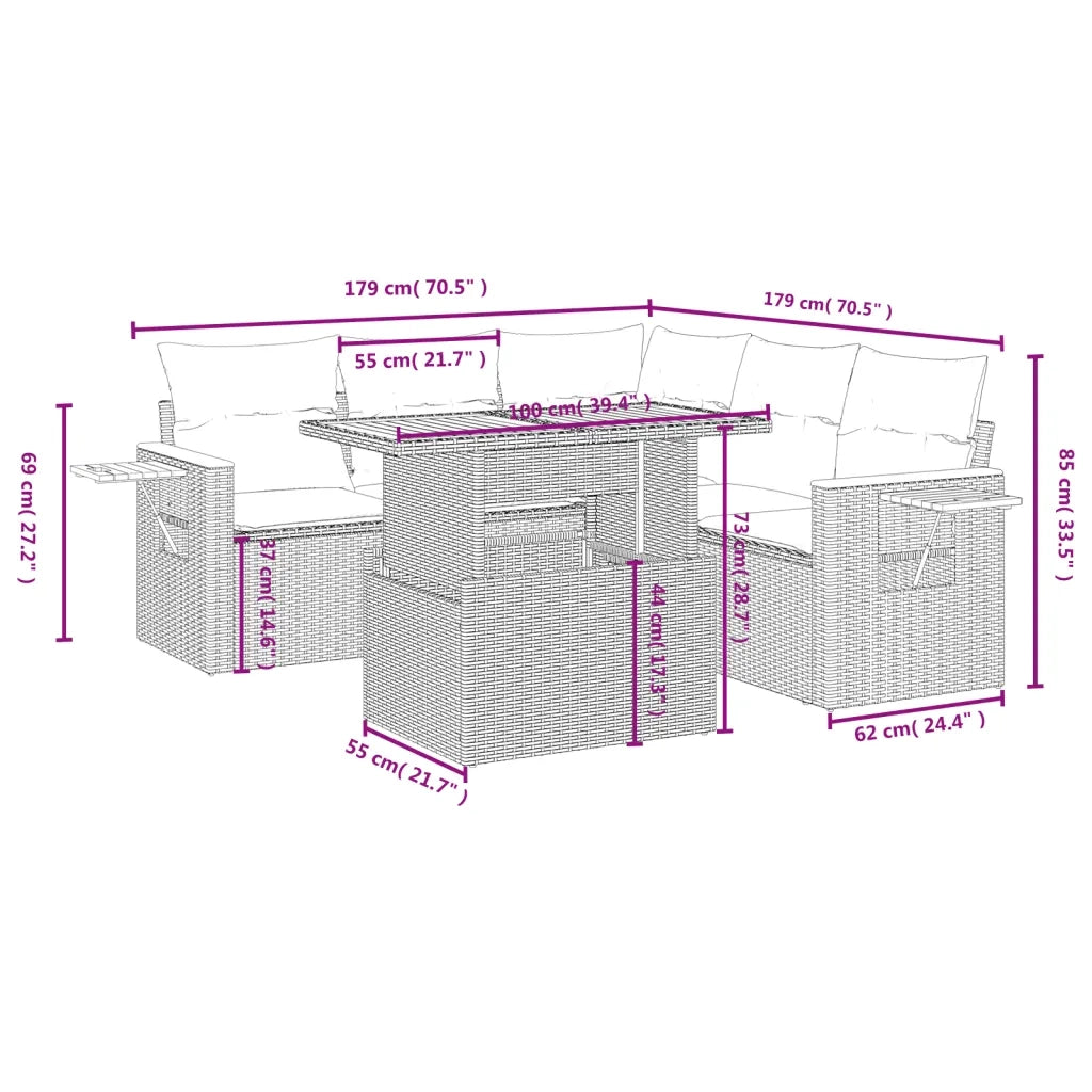 Set Divano da Giardino 6 pz con Cuscini Beige in Polyrattan