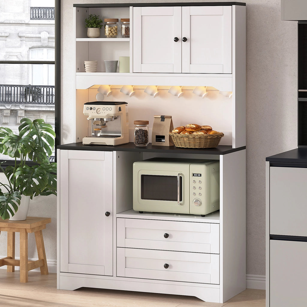 Mobile cucina multifunzione bianco con LED, prese USB e vano microonde