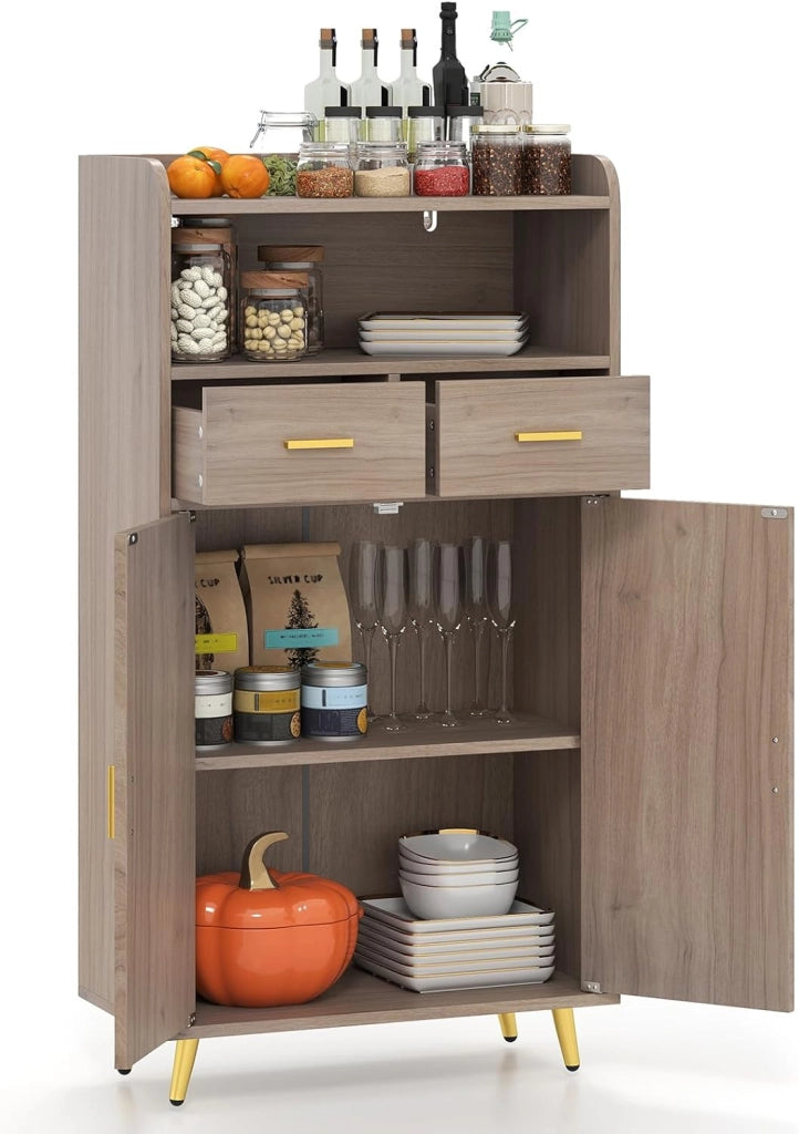 Credenza Cucina, Piano Superiore con Bordo Anticaduta, Scomparto Aperto, 2 Cassetti e Armadietto a Doppia Anta, Mobile Moderno con 2 Antiribaltamento per Soggiorno e Ingresso (Marrone)