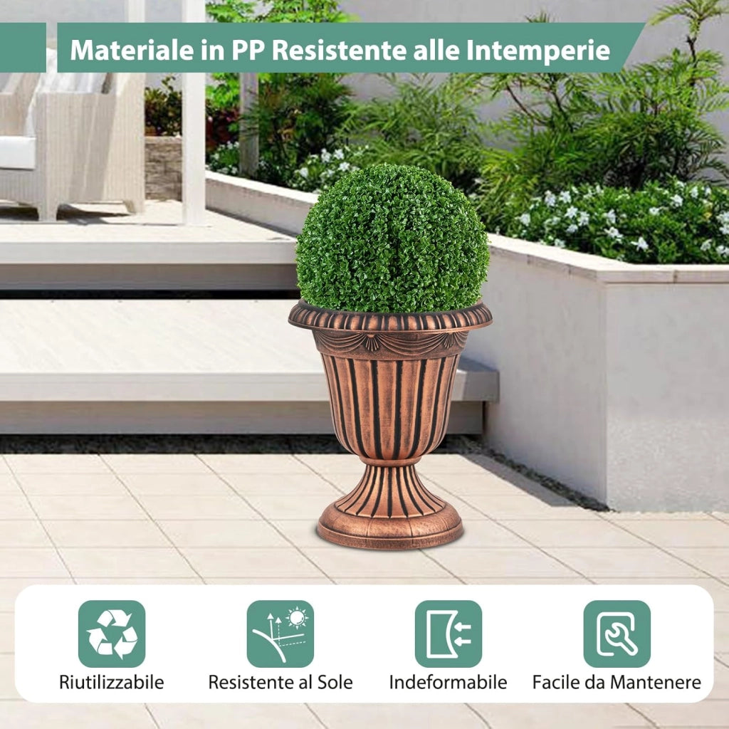 Set di 2 Vasi Alti, Vasi per Fiori in Plastica a Forma di Urna con Base a Piedistallo e Foro di Drenaggio, Contenitori Decorativi per Piante per Interni ed Esterni (Bronzo)