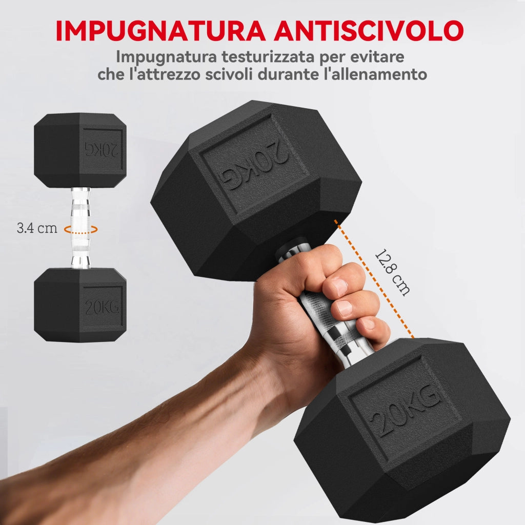 Manubrio Esagonale 20 kg ¨C Zephmum ¨C Acciaio Gomma Nero