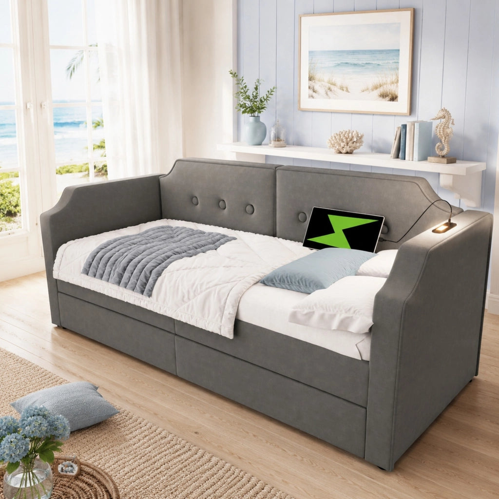 LETTO 90x200 cm in velluto grigio con 2 cassetti, USB Type-C e lampada da lettura