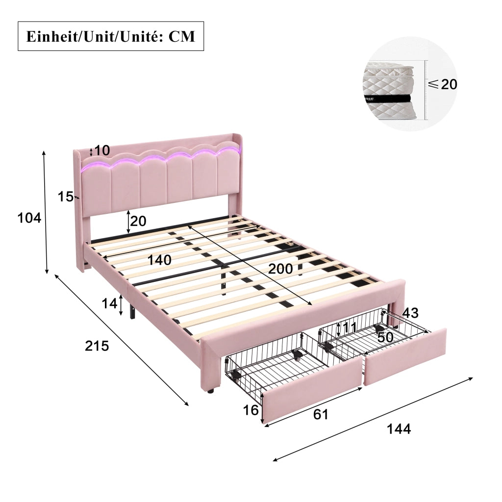 Letto imbottito per bambini 140 ¡Á 200 cm in velluto rosa con 2 cassetti e LED controllata tramite app
