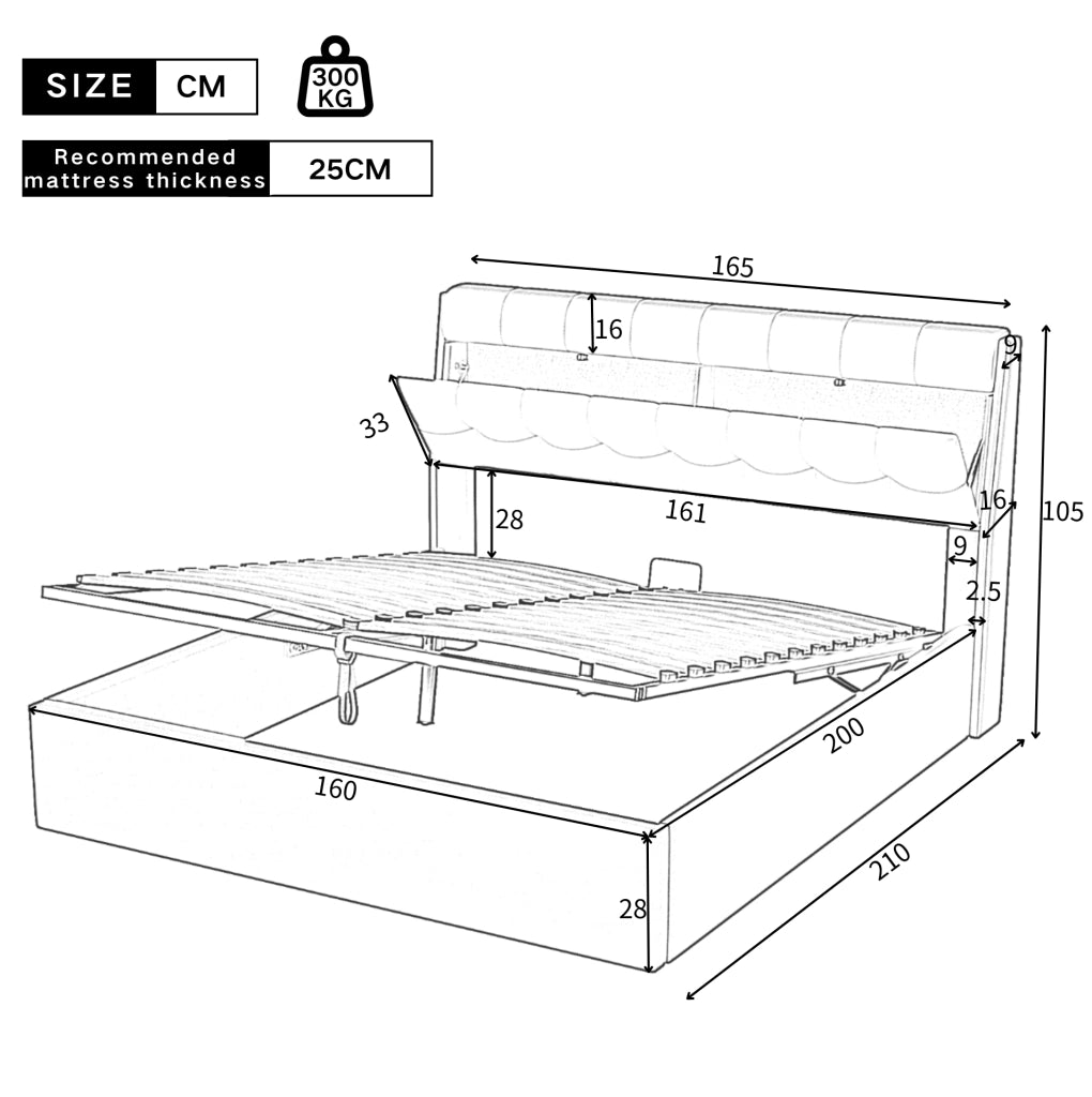 Letto imbottito 160x200 con contenitore idraulico; testiera con vano nascosto; PU bianco