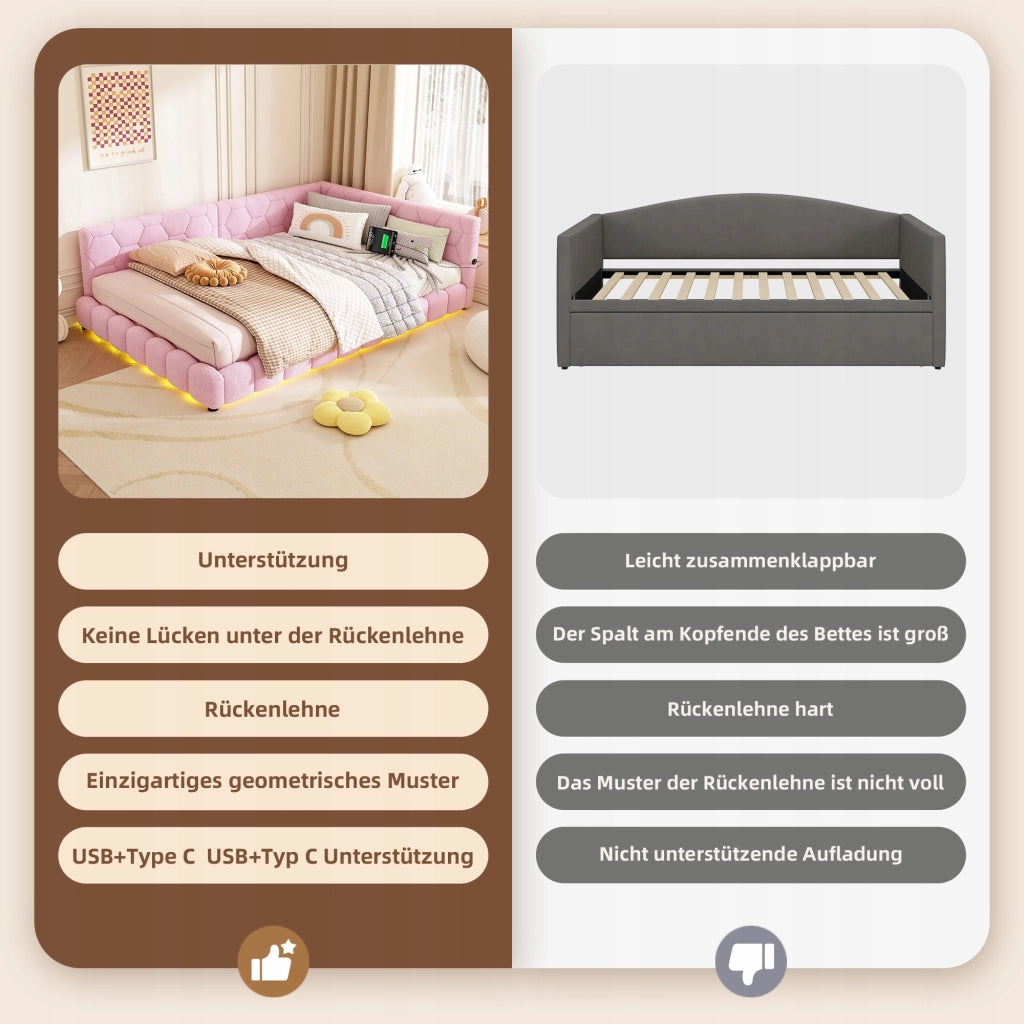 Letto singolo 140x200 - Xylo - Rosa con illuminazione RGB e USB