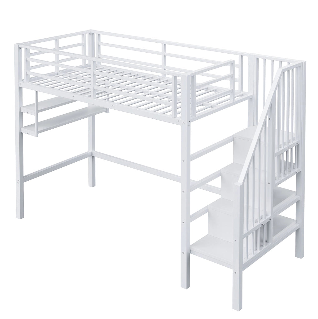 Letto a soppalco ULEVR 90x200 cm con scala contenitore, ripiani e sponde di sicurezza, bianco