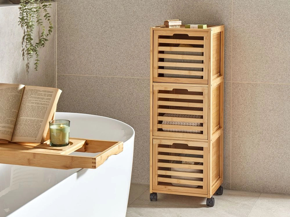 Armadietto da bagno a 3 cassetti marrone chiaro Bambù Ruote in gomma Stoccaggio bagno