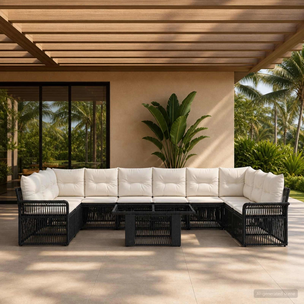 Set Divano da Giardino 11 pz Nero e Bianco Crema polyrattan 3436687