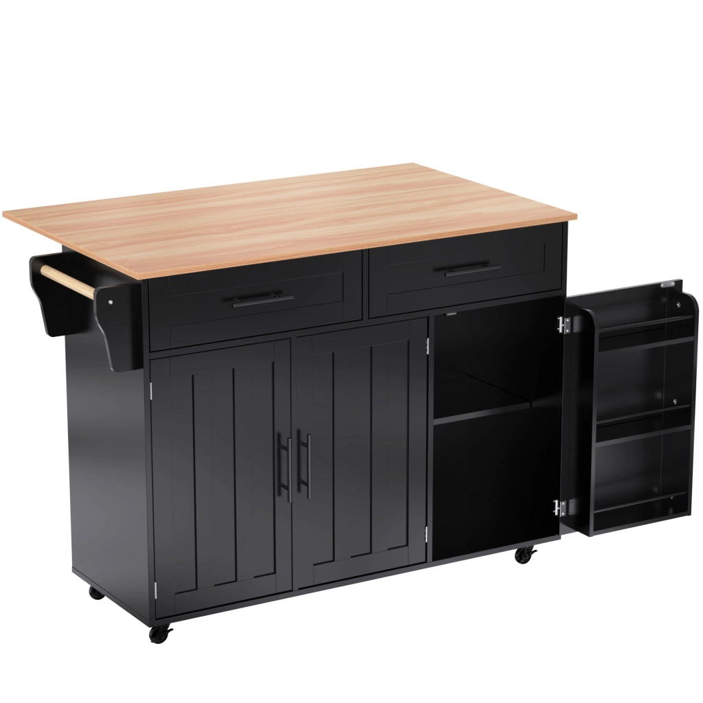 Isola da Cucina Mobile 129x46/71x91,5 cm Nera e Legno con Piano Ribaltabile, 2 Cassetti e 5 Ruote