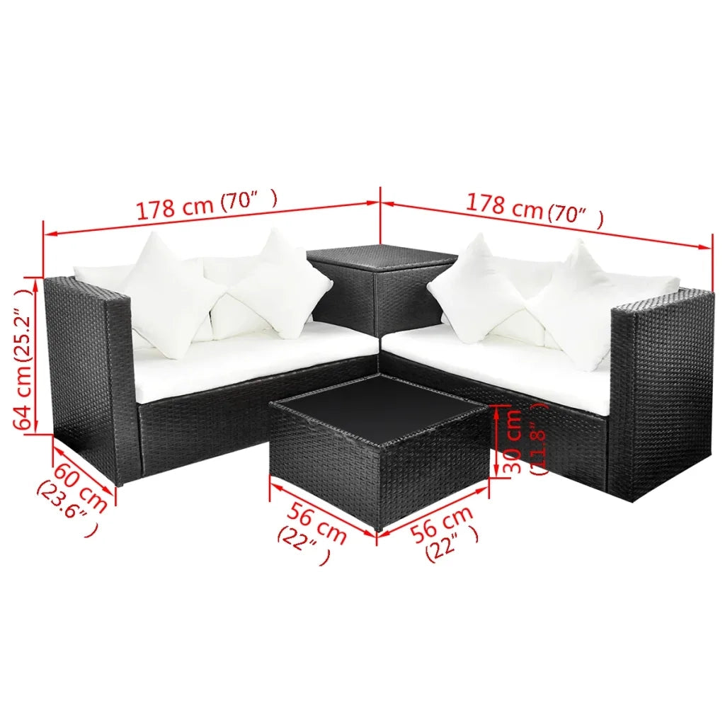 Set Divani da Giardino 4 pz con Cuscini in Polyrattan Nero 42893