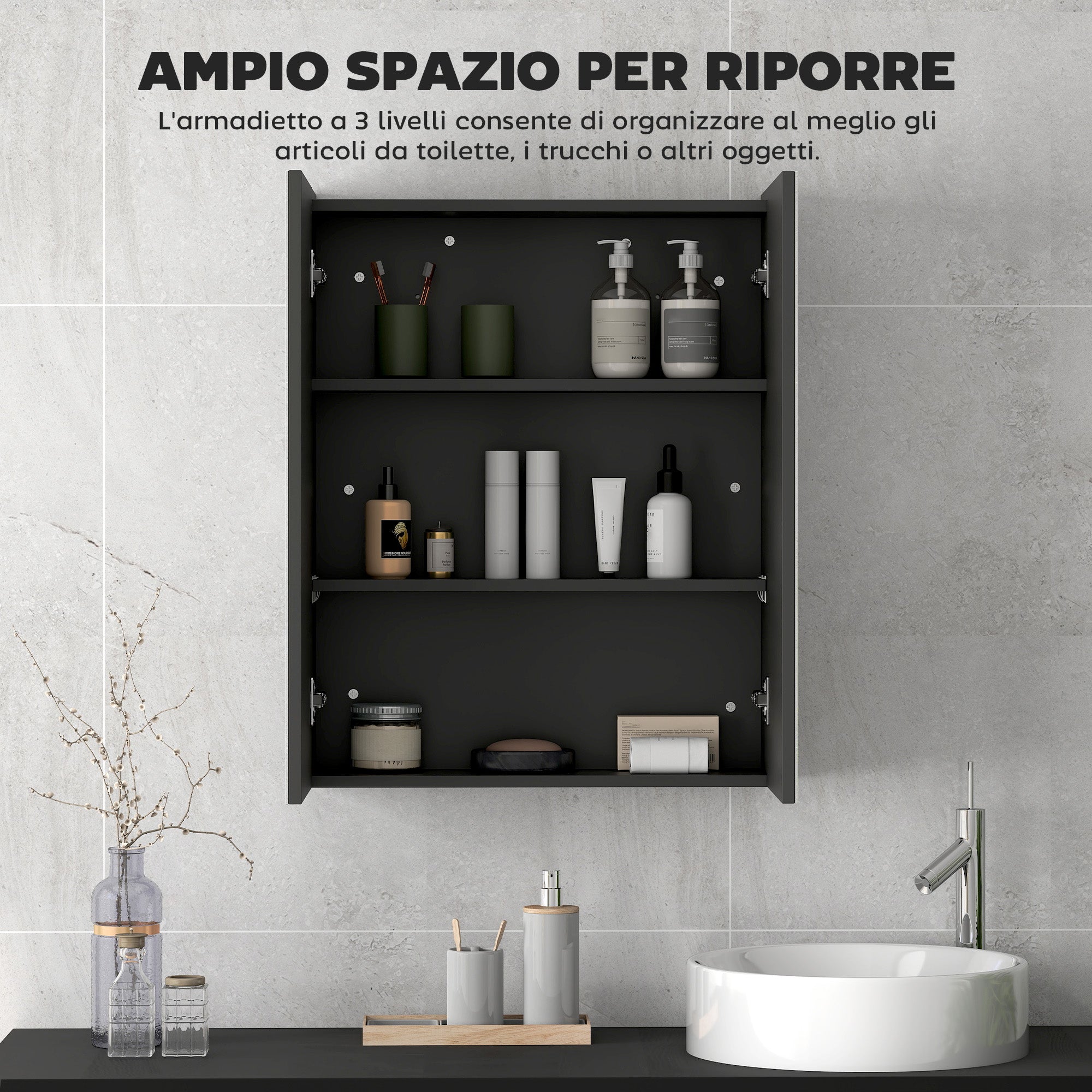 Armadietto a Specchio per Bagno 60x15x75 cm Struttura in MDF Nero