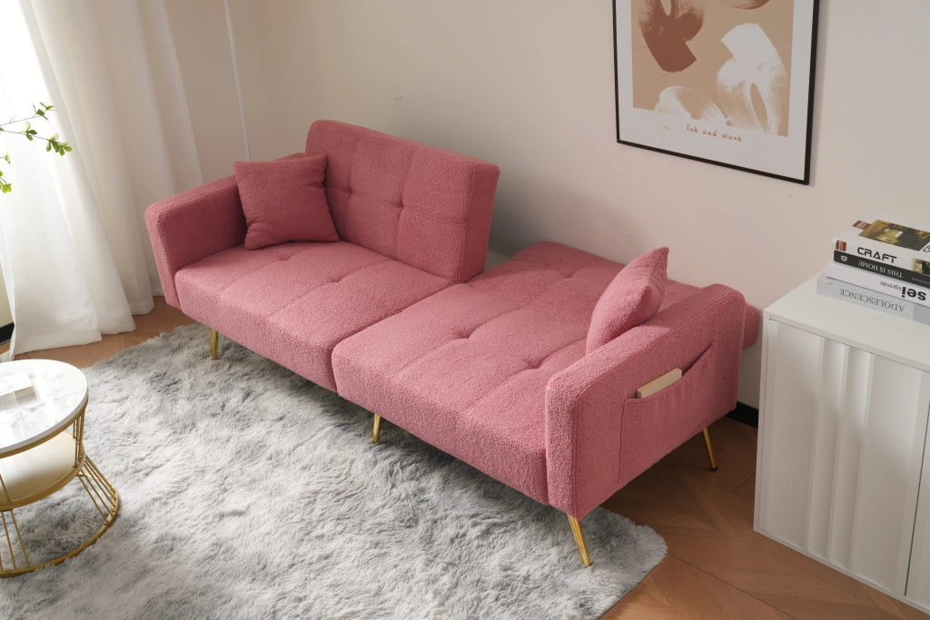 Divano Letto 2 Posti con Schienale Regolabile 105-180°; Tasche Laterali e Cuscini; in Sherpa Rosa
