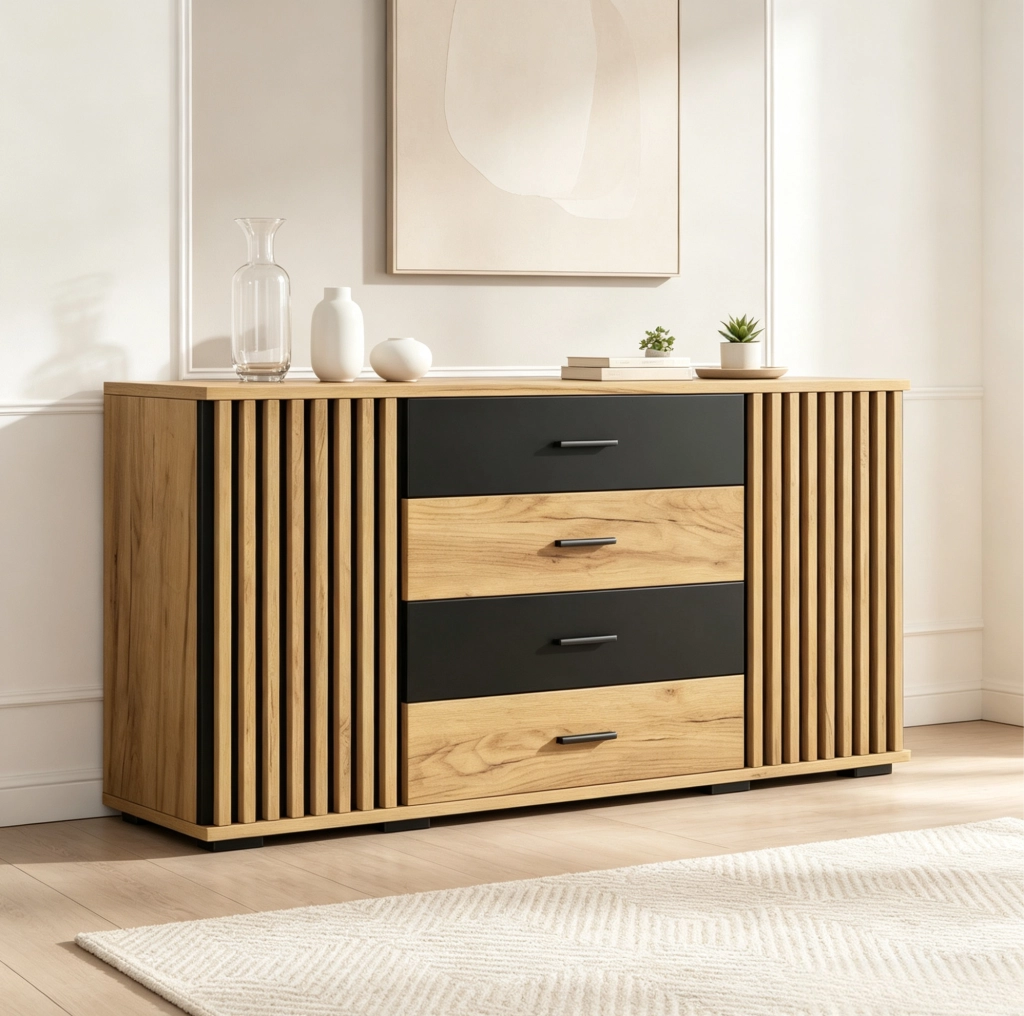 Credenza ULEVR 140x35x70 cm con 4 cassetti, 2 ante e ripiani regolabili, MDF nero effetto rovere