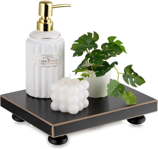Tavolo di servizio decorativo in legno moderno - per esposizione di decorazioni - piatto in legno rotondo - nero - 24 x 20 cm