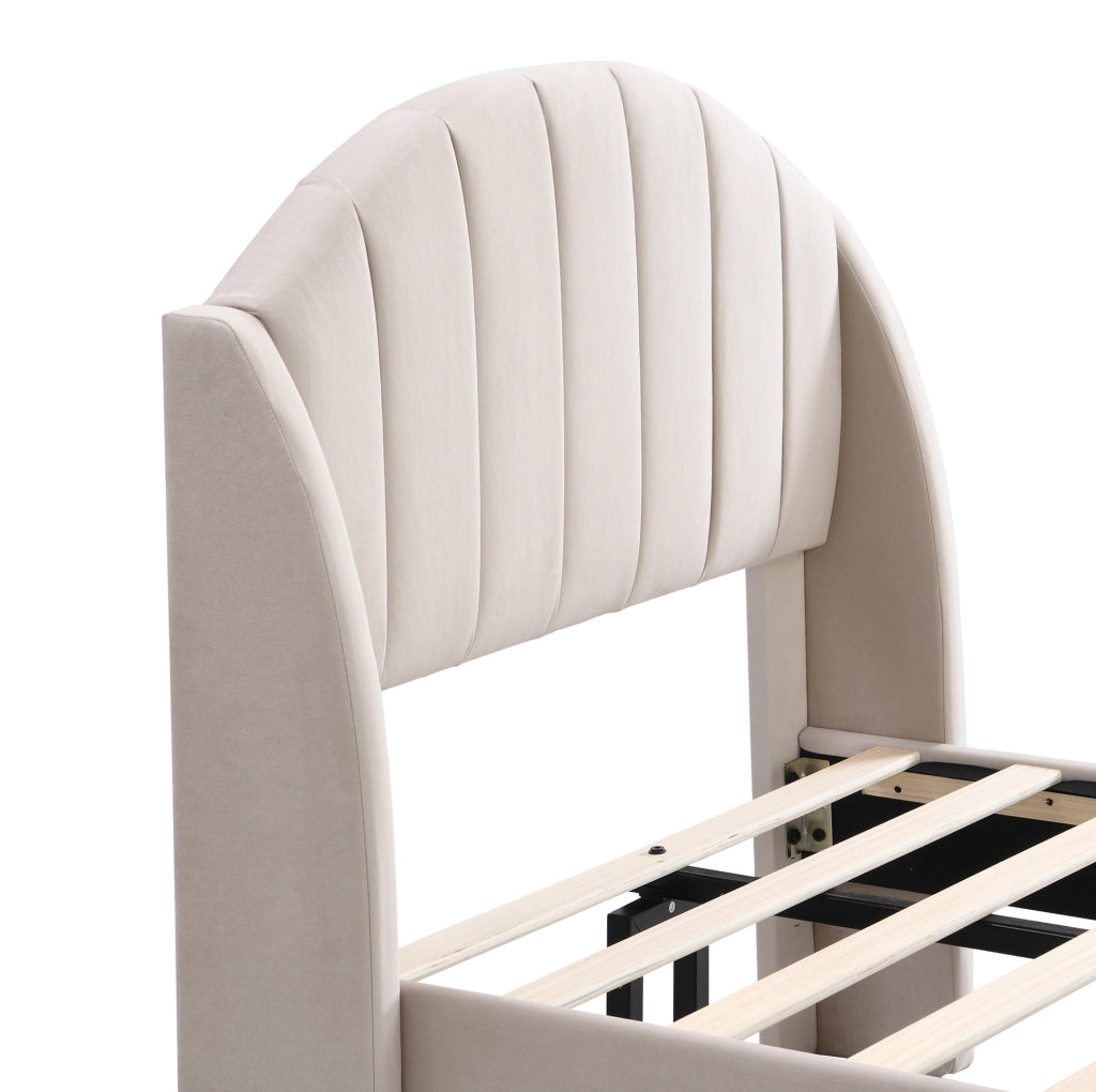 Letto imbottito in velluto beige con rete a doghe e testiera 90 x 200 cm
