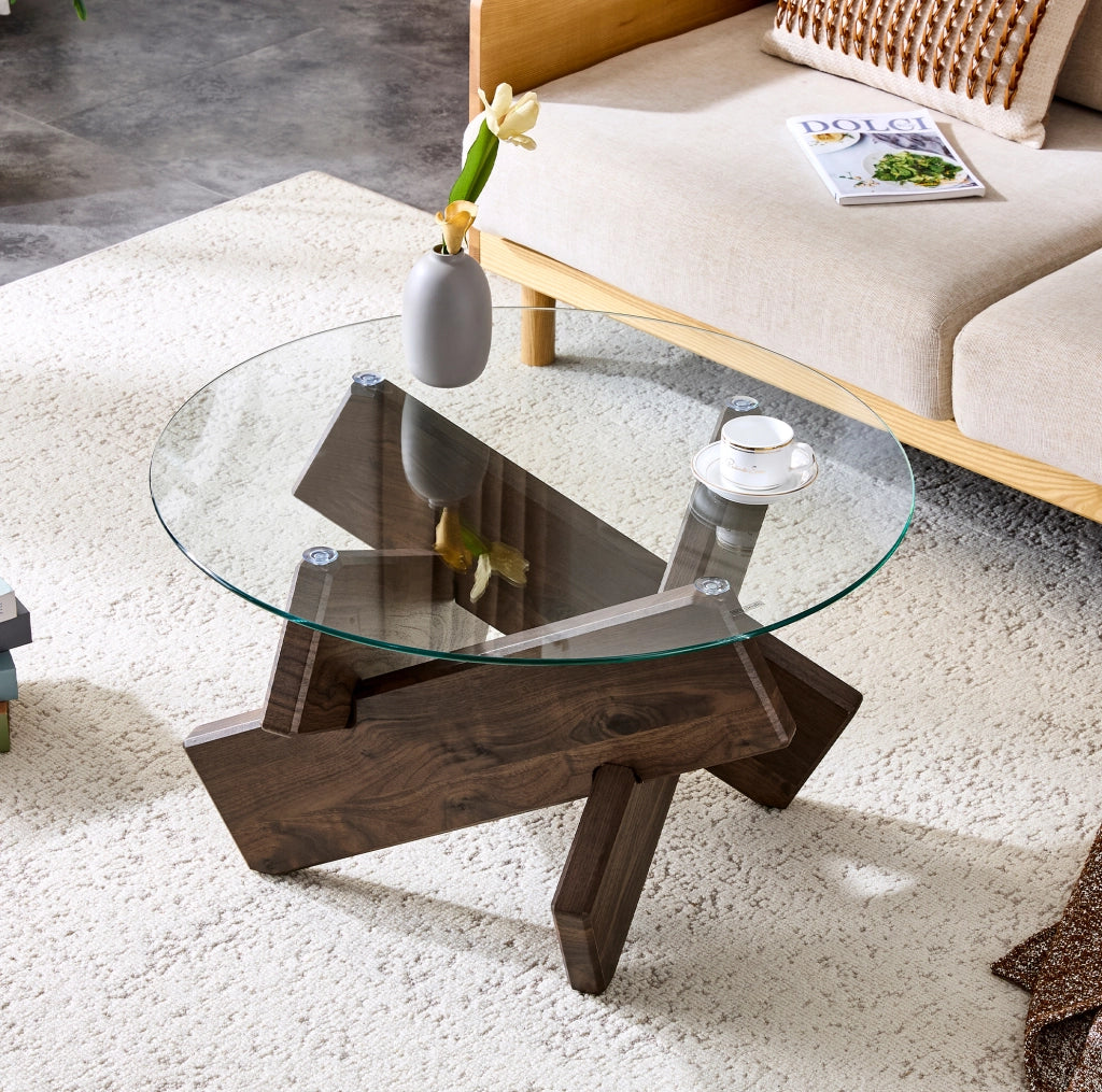 Tavolino da caffè rotondo in MDF e vetro Ø79 cm noce
